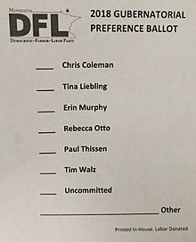 Straw poll ballot at the Minnesota DFL February 2018 precinct caucuses Straw poll ballot at the Minnesota DFL February 2018 precinct caucuses (cropped).jpg