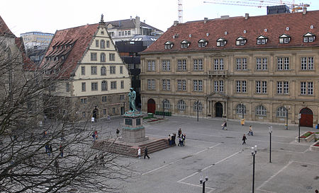 Schillerplatz showing the Fruchtkasten building on the left and Prinzenbau on the right. In the centre: the Schiller memorial Stuttgart Schillerplatz.jpg