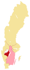 Länsrättens domkrets (rött) samt den kammarrätt den föll under (ljusrosa).