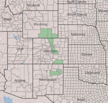 Symphyotrichum porteri native distribution map: US — Colorado counties: Boulder, Douglas, El Paso, Gilpin, Jefferson, Larimer, Las Animas, and Teller; New Mexico counties: Harding and San Miguel; Wyoming counties: Albany, Carbon, and Laramie