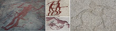 Examples of petroglyphs from Tanum (from left to right and top to bottom, not to scale): "Spear God" from Litsleby, "Bridal Couple" from Vitlycke, a ploughman from Aspeberget and "Sun Horse" from Fossum (not painted).