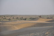 Eine der Sandünen in der Thar Wüste bei Jaisalmer. Hier werden viele Touristen abgesetzt um Kamel zu reiten oder durch den Wüstensand zu gehen.