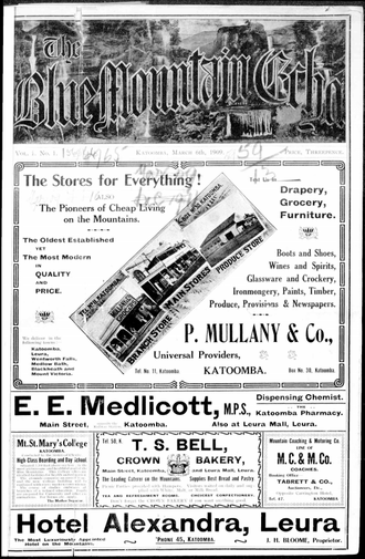 Front page of The Blue Mountain Echo newspaper on 6 March 1909. The Blue Mountain Echo 6 March 1909.PNG