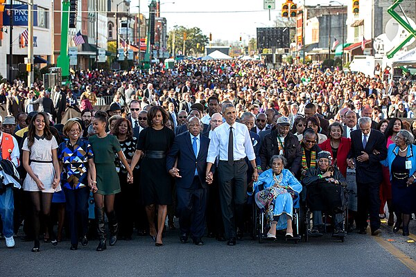 Amelia Boynton Robinson at the start of the procession across the Edmund Pettus Bridge on March 7, 2015, the 50th anniversary of Bloody Sunday. Robins