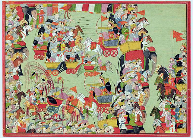 Abhimanyu fights the Kauravas in the chakrayudha (left); while Jayadratha on the elephant on the right prevents the Pandavas from aiding Abhimanyu.