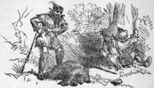 Depiction of a failed attempt at tree climbing, from an anecdote in Frances Fuller Victor's 1887 book Eleven years in the Rocky Mountains and a life on the frontier (Ch. V.) The Wrong End of the Tree.png