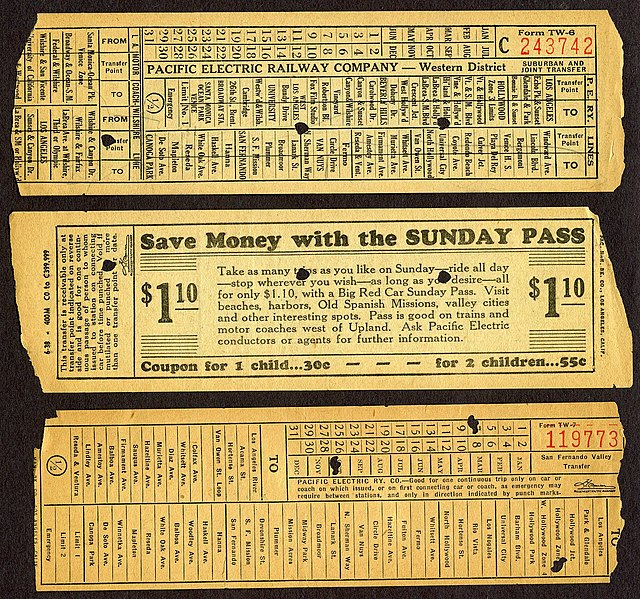 Three PE tickets. The top two (front and back views) between downtown LA and Santa Monica, the bottom for a transfer from Hollywood to the San Fernand