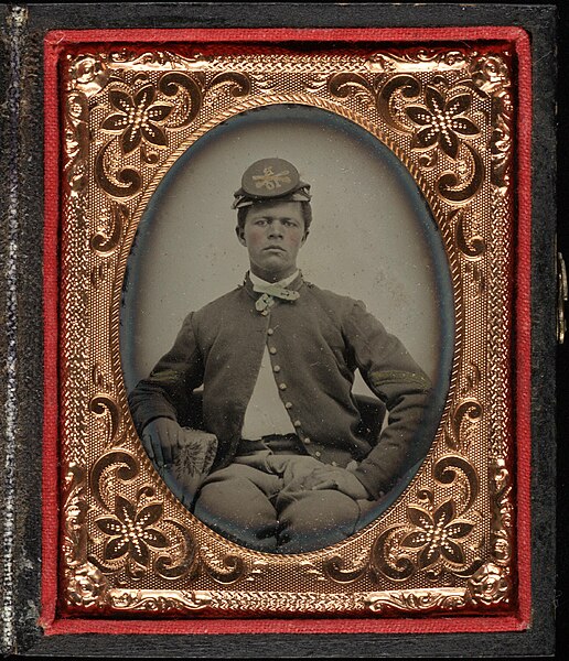 File:Three quarter portrait, young Civil War soldier in kepi. Cased tintype, ninth plate.jpg