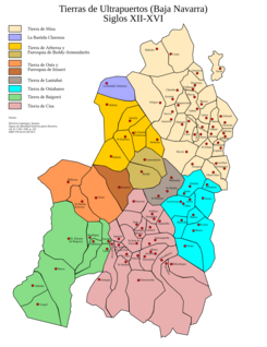 Siglos XII-XVI. Se incluye Escos (bajo administración del reino navarro) y se excluye Sames (entonces parte del ducado de Dax).