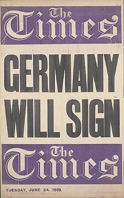Times placard Germany will sign Versailles Treaty.jpg