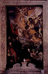 Risen Christ with St. Andrew and members of the Morosini family (Vincenzo, his sons Andrea and Barbon, and wife Cecilia Pisani) by Tintoretto (1518-1594), on display in the Morosini family chapel in San Giorgio Maggiore, Venice. Tintoretto morosini.jpg