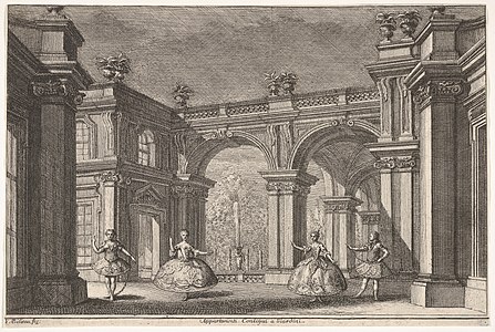 Deux dames et deux messieurs dansant dans un cadre architectural orné, une fontaine au centre à l'arrière-plan, une scène de “Talestri, Regina delle Amazzoni”, gravure (1765, Metropolitan Museum of Art).