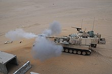 A US Army M109A6 Paladin self-propelled howitzer performing direct fire, 2013 U.S. Soldiers assigned to Bravo Company, 4th Battalion, 42nd Field Artillery Regiment, 1st Armored Brigade Combat Team, 4th Infantry Division, fire a round from an M109A6 Paladin self-propelled howitzer during 130403-A-YY130-144.jpg