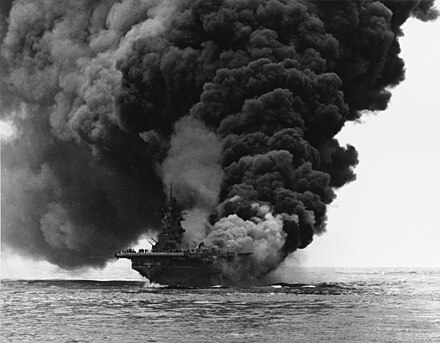 USS Bunker Hill (CV-17) after a kamikaze attack by the Imperial Japanese Navy on May 11, 1945