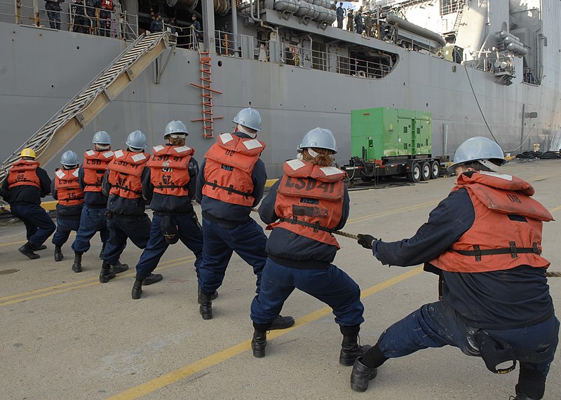 File:US Navy 100115-N-2456S-050 Sailors secure the brow of the Whidbey Island-class dock landing ship USS Gunston Hall (LSD 44) as the ship departs Joint Expeditionary Base Little Creek-Fort Story.jpg