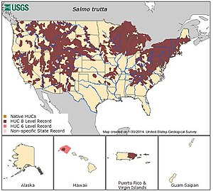 Map of U.S. ranges of brown trout