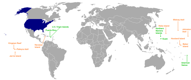 Map United States Territories A map showing the location of each territory controlled by the United States. The United States is marked in blue, inhabited territories are marked in green ...