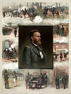 Grant from West Point to Appomattox, an 1885 lithograph by Thulstrup. Clockwise from lower left: Graduation from West Point (1843); In the tower at Chapultepec (1847); Drilling his Volunteers (1861); The Battle of Fort Donelson (1862); The Battle of Shiloh (1862); The Siege of Vicksburg (1863); The Chattanooga Campaign (1863); Appointment as Commander-in-Chief by Abraham Lincoln (1864); The Surrender of General Robert E. Lee at Appomattox Court House (1865)
