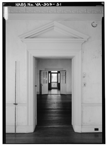 File:VIEW FROM SOUTH ROOM THROUGH CENTRAL ROOM TO NORTH FRONT ENTRANCE, FIRST FLOOR, WITH SCALE (1986) - Poplar Forest, State Route 661, Forest, Bedford County, VA HABS VA,10-BED.V,1-51.tif