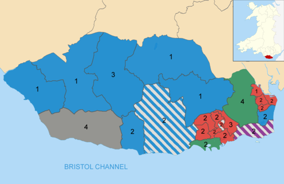 2012 election results map, showing numbers of councillors per ward and their party affiliations