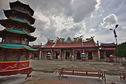 View toward the main hall with incense burner at left. Chinese Daoist temple of Vihara Gunung Timur.