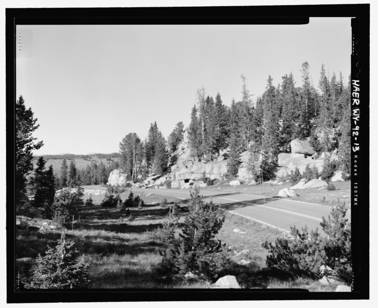 File:View of the highway, west of Long Lake, looking west, showing retained curve alignment - Beartooth Highway, Red Lodge, Montana to Cooke City, Montana, Cody, Park County, WY HAER WY-92-13.tif