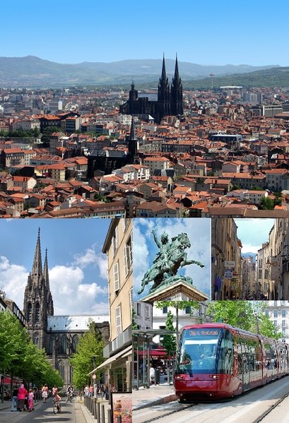 Photomontage: view of the historic center from Montjuzet Park (top) Victoire Square and Notre-Dame-de-l'Assomption Cathedral; Statue of Vercingétorix;