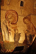 Los primeros pasos de la Virgen, un tema bizantino muy común, raramente representado en occidente. Mosaicos de Cora, 1315-21.