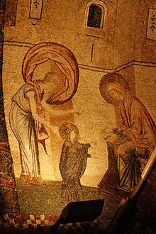 The Virgin's first seven steps, mosaic from Chora Church, c. 12th century Virgin's first seven steps.jpg