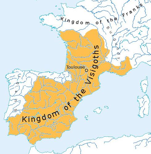 Extent of the Visigothic kingdom of Toulouse by 500