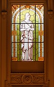 Stained glass portraying the goddess Themis, symbol of justice in the Jury Room