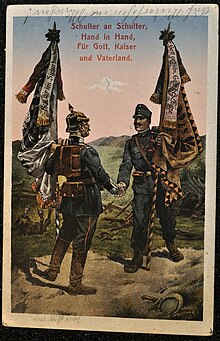 Cartolina di un soldato austriaco e tedesco della prima guerra mondiale con il testo "Spalla a spalla, mano nella mano, per Dio, l'Imperatore e la Patria".