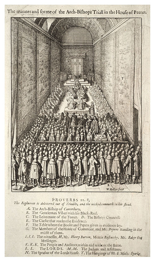 Etching by Wenceslaus Hollar, Laud being tried for treason, with several people present labelled