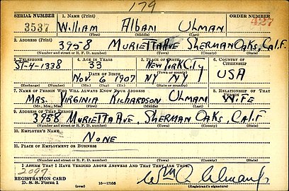 William Alban Ulman Jr. World War II draft registration card