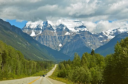 Impressive view of Mt Robson on the Yellowhead Highway in British Columbia