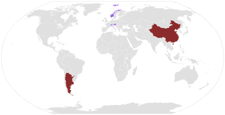 Carte du monde indiquant les pays où ont eu lieu les JOJ, en brun, ceux d'été, en violet, ceux d'hiver
