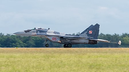English: Polish Air Force Mikoyan-Gurevich MiG-29A Fulcrum (reg. 105, cn 2960535105) at ILA Berlin Air Show 2016.