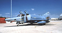 106th TRS RF-4C Phantom II 64-1047, shown at Al Dhafra Air Base, United Arab Emirates during Operation Desert Shield. Note the numerous "camels", painted on its intake, representing the number of missions flown. 1047 Flew 172 sorties in Desert Shield. After its retirement in May 1994, the aircraft was flown to Wright-Patterson AFB, Ohio where today it is on permanent display at the National Museum of the United States Air Force. It had more than 7,300 hours of flying time. 106th Tactical Reconnaissance Squadron McDonnell RF-4C-22-MC Phantom 64-1047.jpg