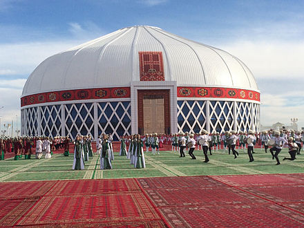 Ak Öýi (White Building), yurt shaped concrete building, "The World's Largest Yurt", near Mary, Turkmenistan, established 2015.