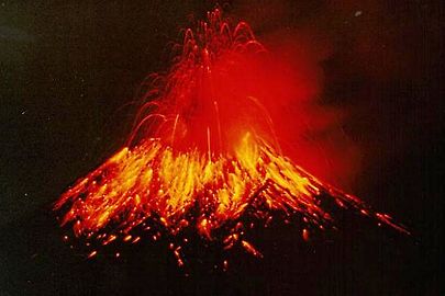 Tungurahua spews hot lava and ash at night, 1999