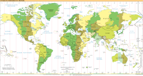 Wereldkaart met de indeling in tijdzones.