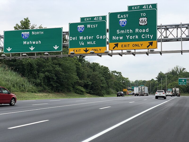 File:2020-07-08 13 35 20 View north along Interstate 287 at Exit 41A (Interstate 80 EAST TO U.S. Route 46, Smith Road, New York City) in Parsippany-Troy Hills Township, Morris County, New Jersey.jpg