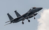 A US Air Force F-15D Eagle, tail number 83-0047, on final approach at Kadena Air Base in Okinawa, Japan.