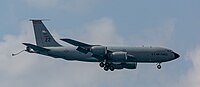 A KC-135R Stratotanker, tail number 62-3565, on final approach at Kadena Air Base in Okinawa, Japan in March 2020. It is assigned to the 909th Air Refueling Squadron at Kadena AB.