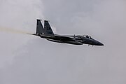 An F-15C Eagle, tail number 86-0166, taking off from RAF Lakenheath in England. The aircraft was assigned to the 493rd Fighter Squadron.