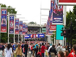 The Olympic Way facing towards Wembley Park tube station on the day of the 2023 Challenge Cup Final.