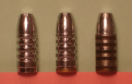 Cast bullets as cast (left), with gas check (center) and lubricated (right).