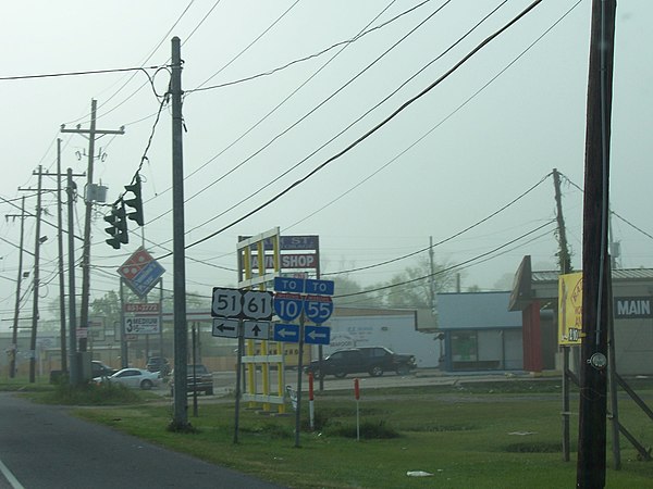 Sign showing the intersection of U.S. Highway 61 (Airline Highway) at U.S. Highway 51 in LaPlace, Louisiana