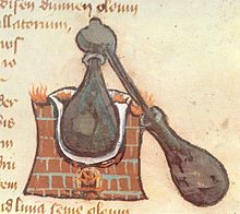 Alambic représenté sur un manuscrit médiéval.