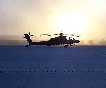 An AH-64A Apache from 1st Battalion, 501st Aviation Regiment, 1st Armored Division at the Baghdad International Airport, c. 2004